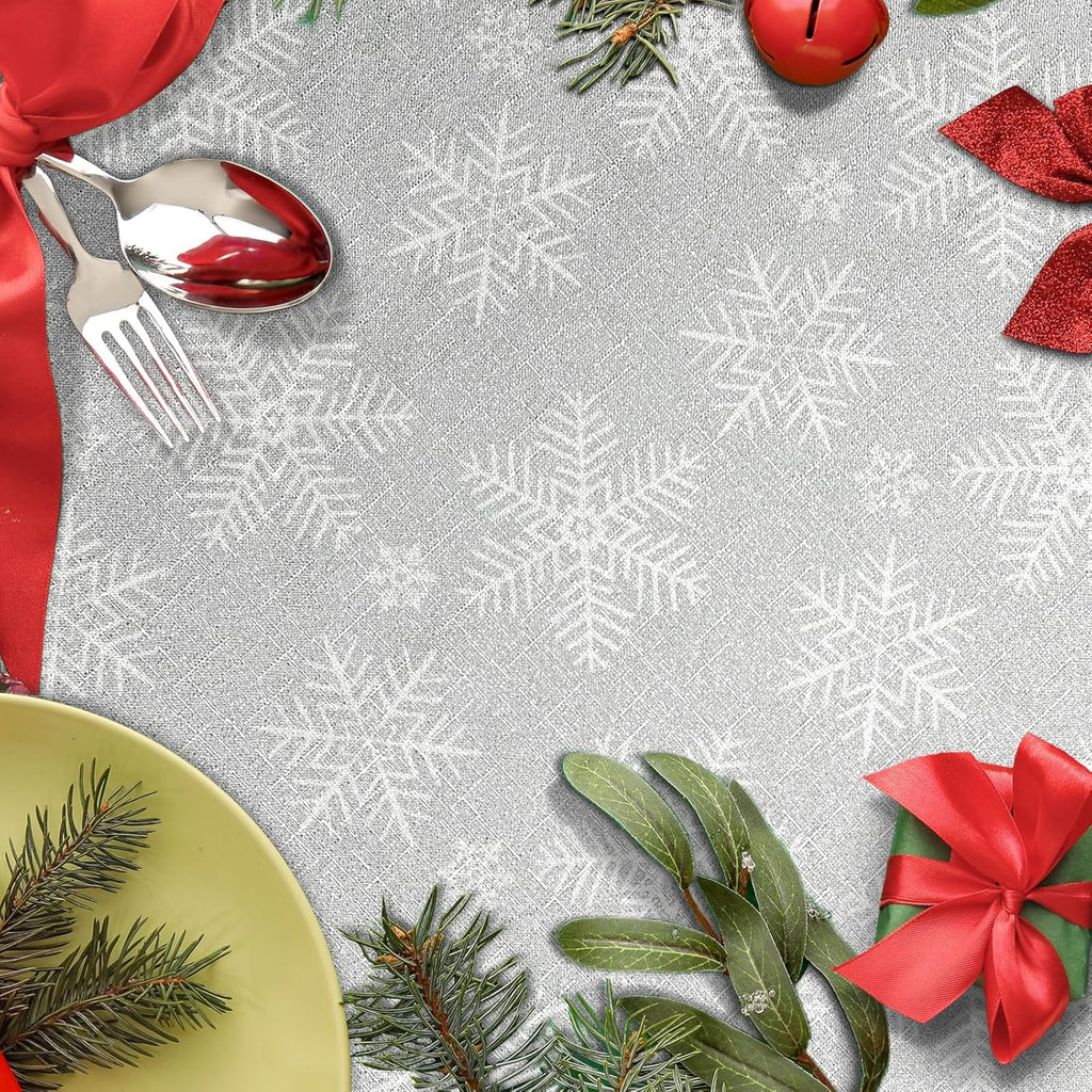 BRAND NEW ~ Silver Gray & Large White Snowflakes Rectangle Tablecloth ~ 60 x 102