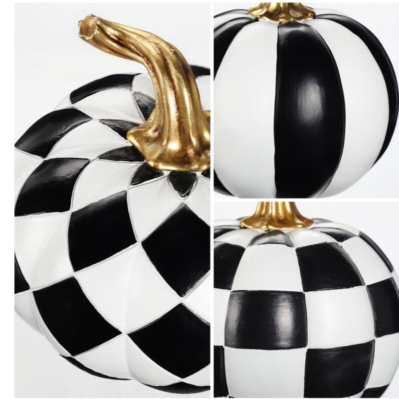 BRAND NEW ~ Set/3 Halloween Black & White Resin Pumpkins Gold Autumn Stems
