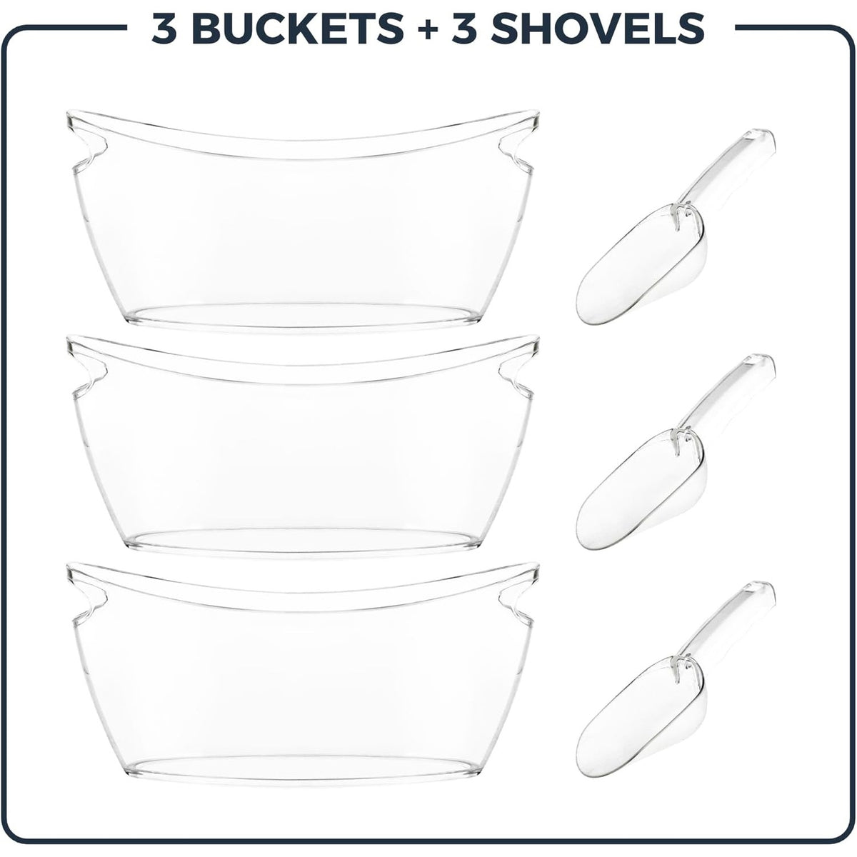BRAND NEW ~ Set/3 Large Clear Ice Buckets Party Beverage Tub w/ Handles & Scoop