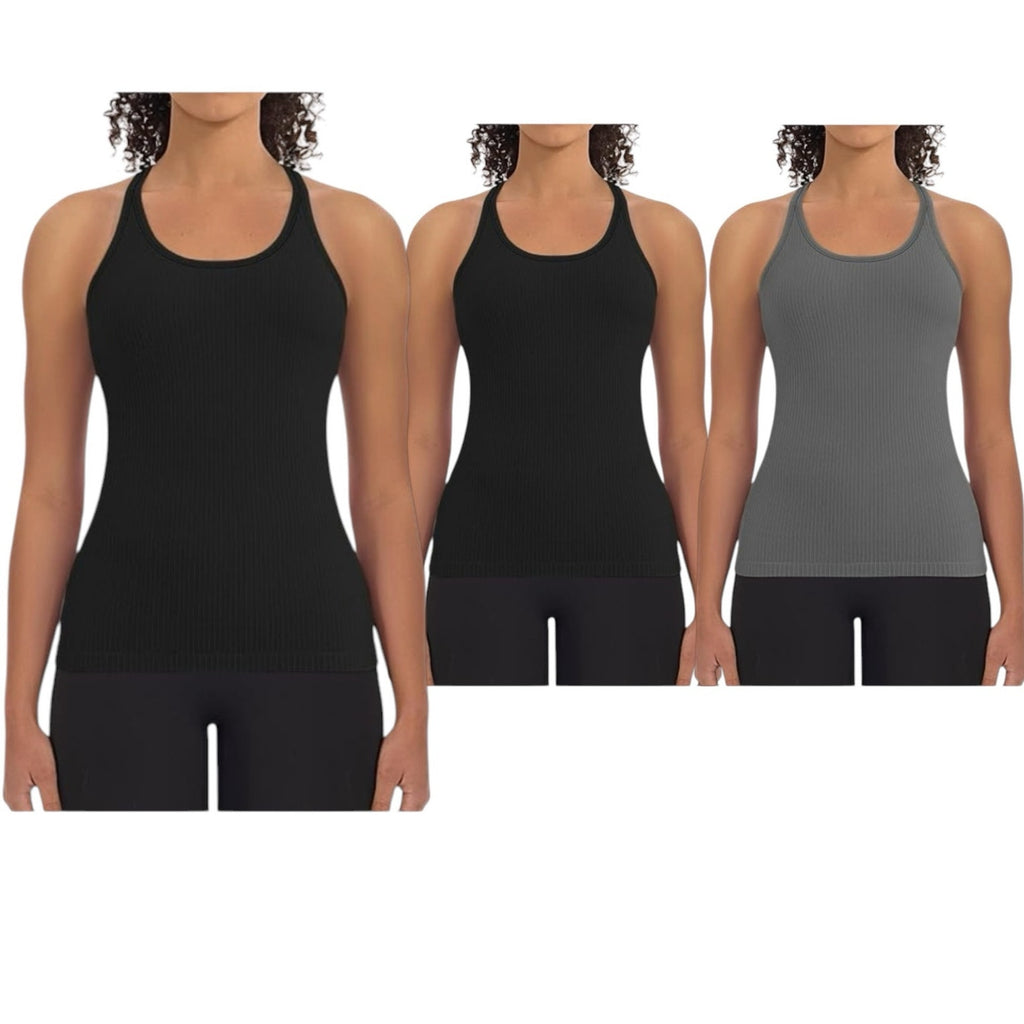 NWT ~ Set/3 Plus Size Black & Gray Ribbed Racerback Tank Top with Bra ~ XXL
