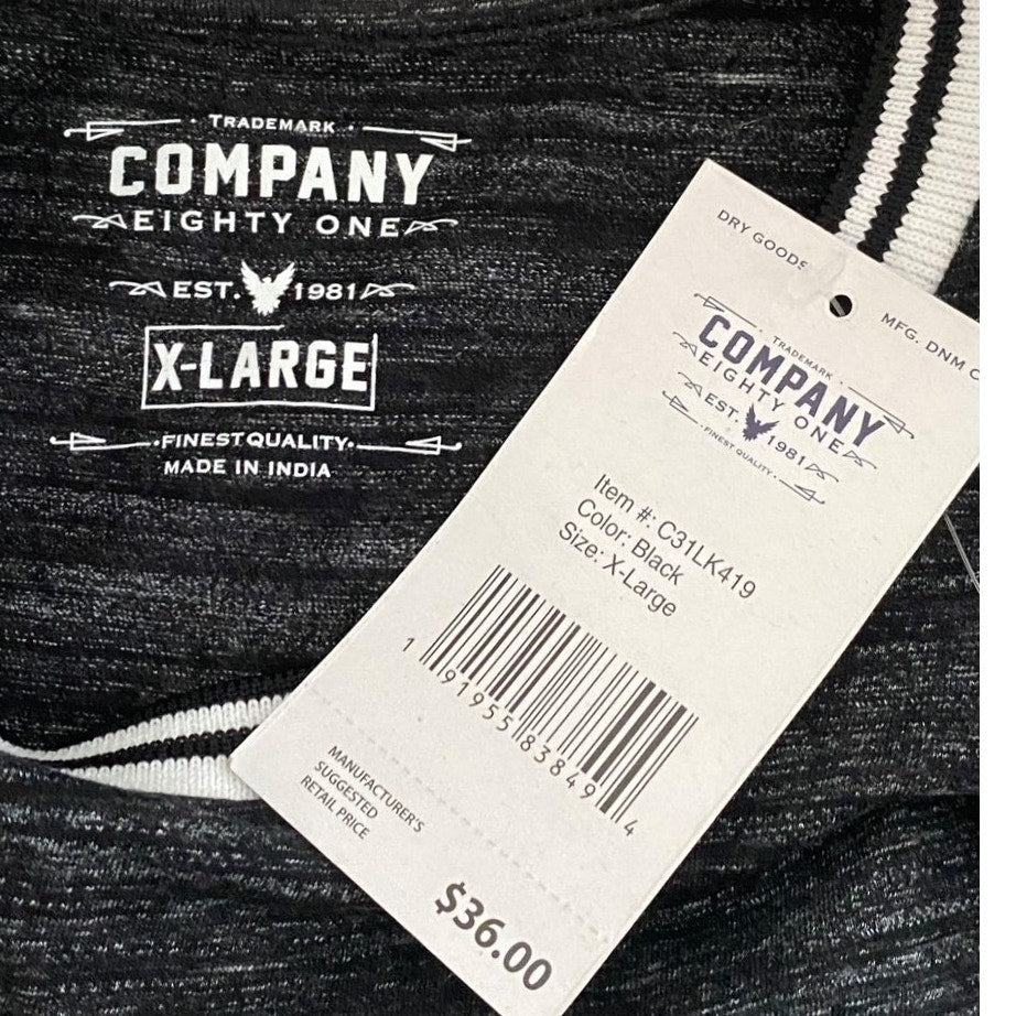 NWT ~ COMPANY 81 Heathered Black Crew Neck Long Sleeve Shirt ~ Young Men's XL
