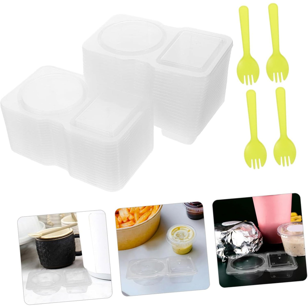 BRAND NEW ~ Set/8 Plastic Leakproof Condiment Double Containers 8 Lids & Sporks