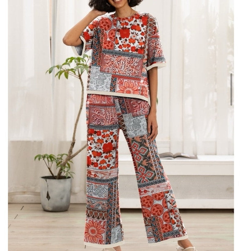NWT ~ Women's Boho 2pc Square Geo Flower Top & Pants Casual Lounge Outfit ~ XL