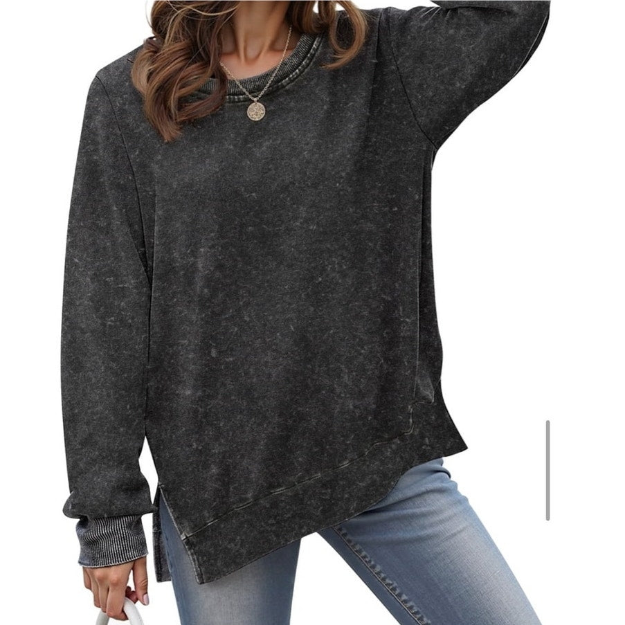 NWT ~ Distressed Black Oversized Sweatshirt Side Splits & Long Sleeve ~ LARGE