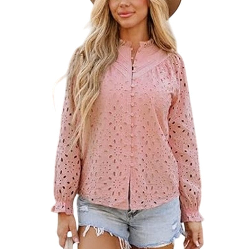 NWT ~ Pink Eyelet Long Sleeve Blouse ~ Lined & Feminine ~ Women's LARGE