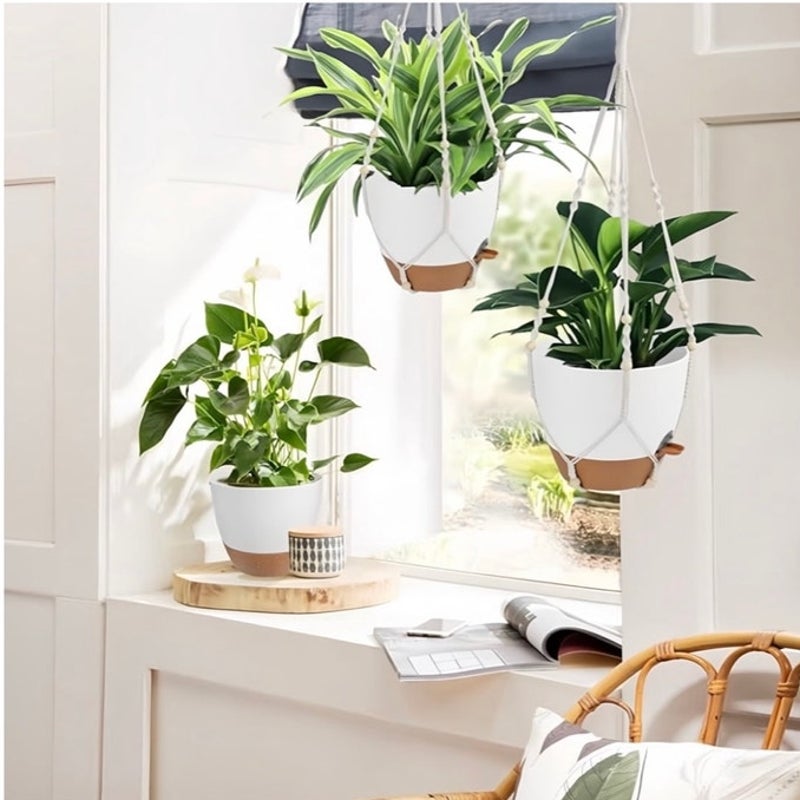 BRAND NEW ~ Set/3 White Hanging Planters & Cotton Rope Pot Hangers & Hooks