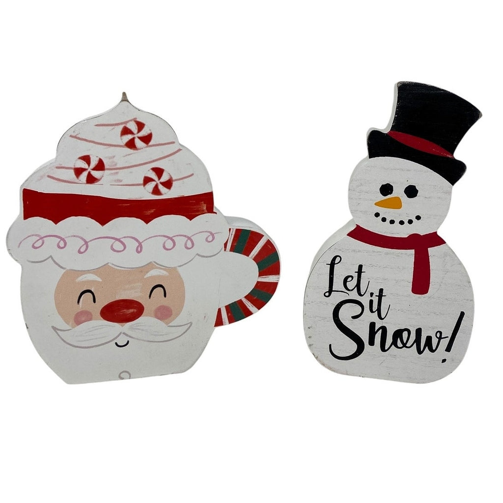 NWT ~ Set/ 2 Santa & Snowman Thick Wooden Christmas Shelf Sitters Wall Hangings