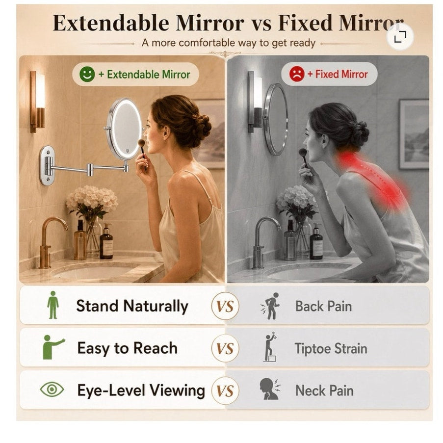 BRAND NEW ~ Chrome Finish 8" Double Sided 3 Colors Lighted Adjustable Mirror