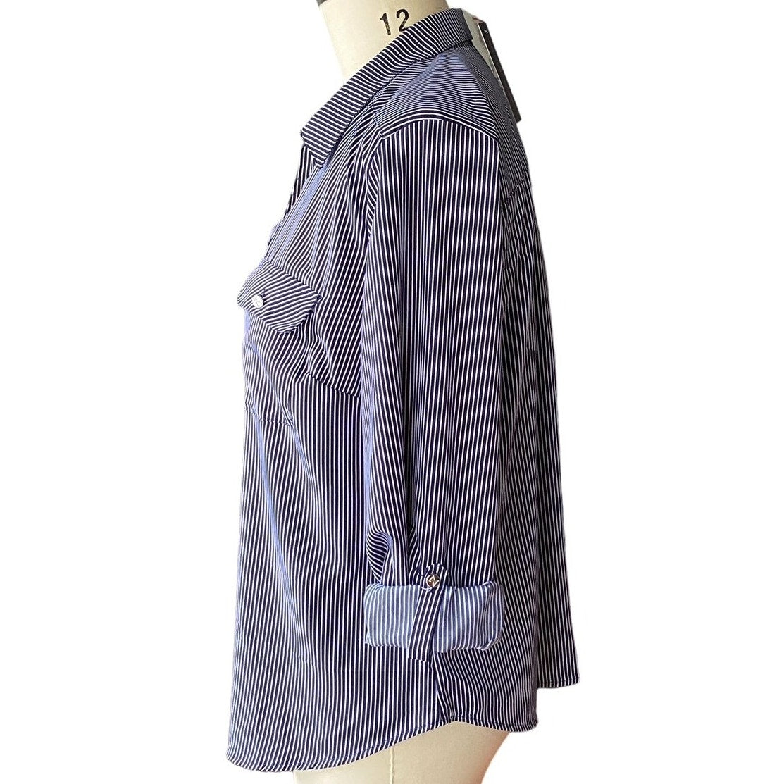 NWT ~ ADRIENNE VITTADINI Blue White Pinstripe Rolled Sleeve Blouse ~ LARGE