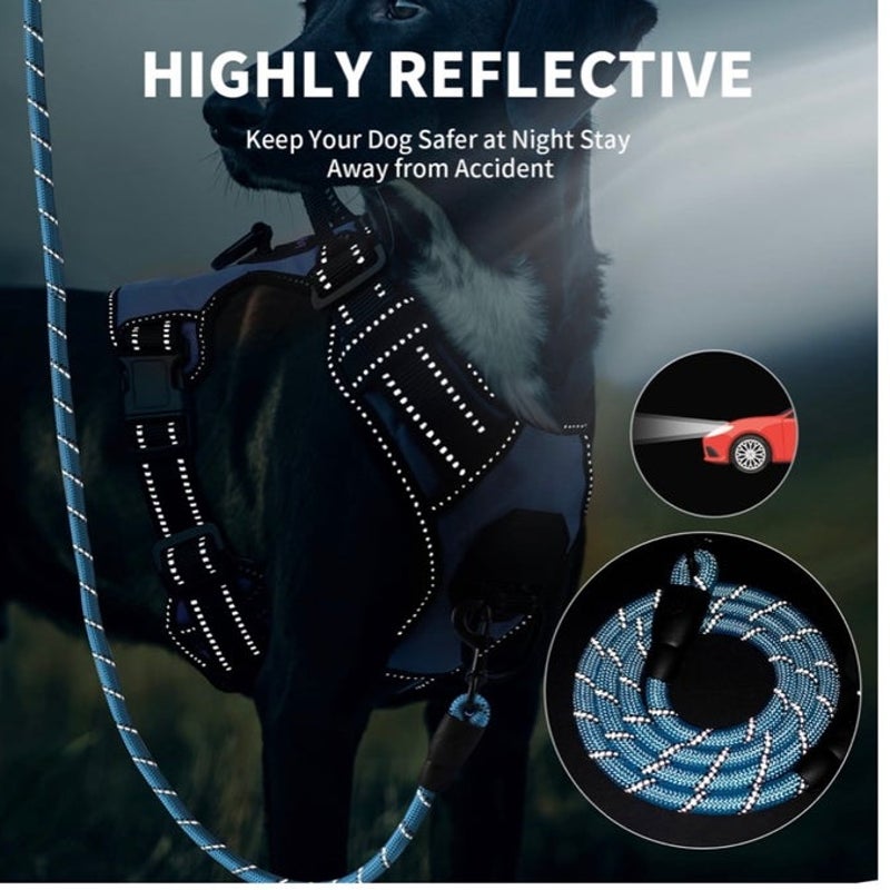 BRAND NEW ~ Blue Reflective Adjustable Padded Dog Harness Handle & Leash ~ LARGE