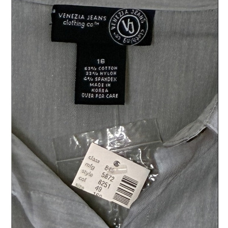 NWT ~ VENEZIA JEANS Women's Plus Size Gray Cotton Blouse Ruched 3/4 Sleeves ~ 16