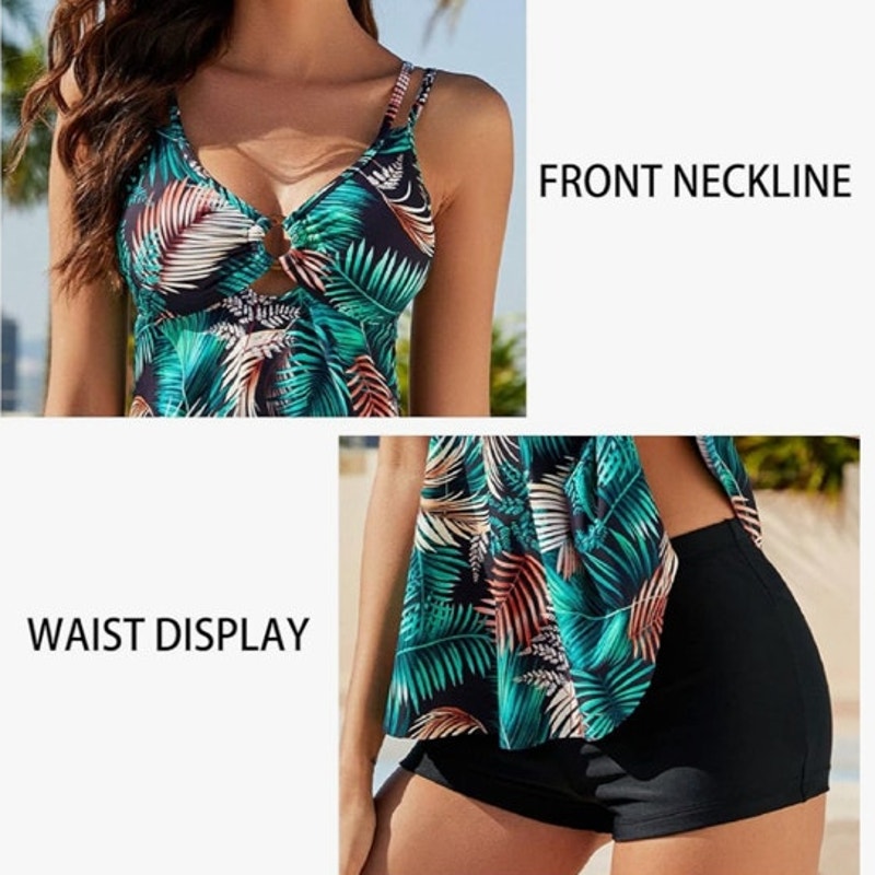 NWT ~ Women's Black & Green Tropical Tankini & Tummy Control Boy Shorts ~ XL