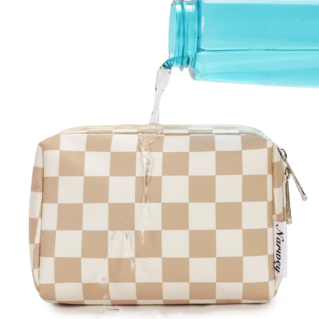 BRAND NEW ~ Narwey Tan Checkered Makeup Cosmetic Bag Compartments & Zipper