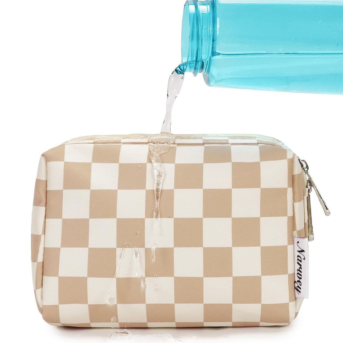 BRAND NEW ~ Narwey Tan Checkered Makeup Cosmetic Bag Compartments & Zipper