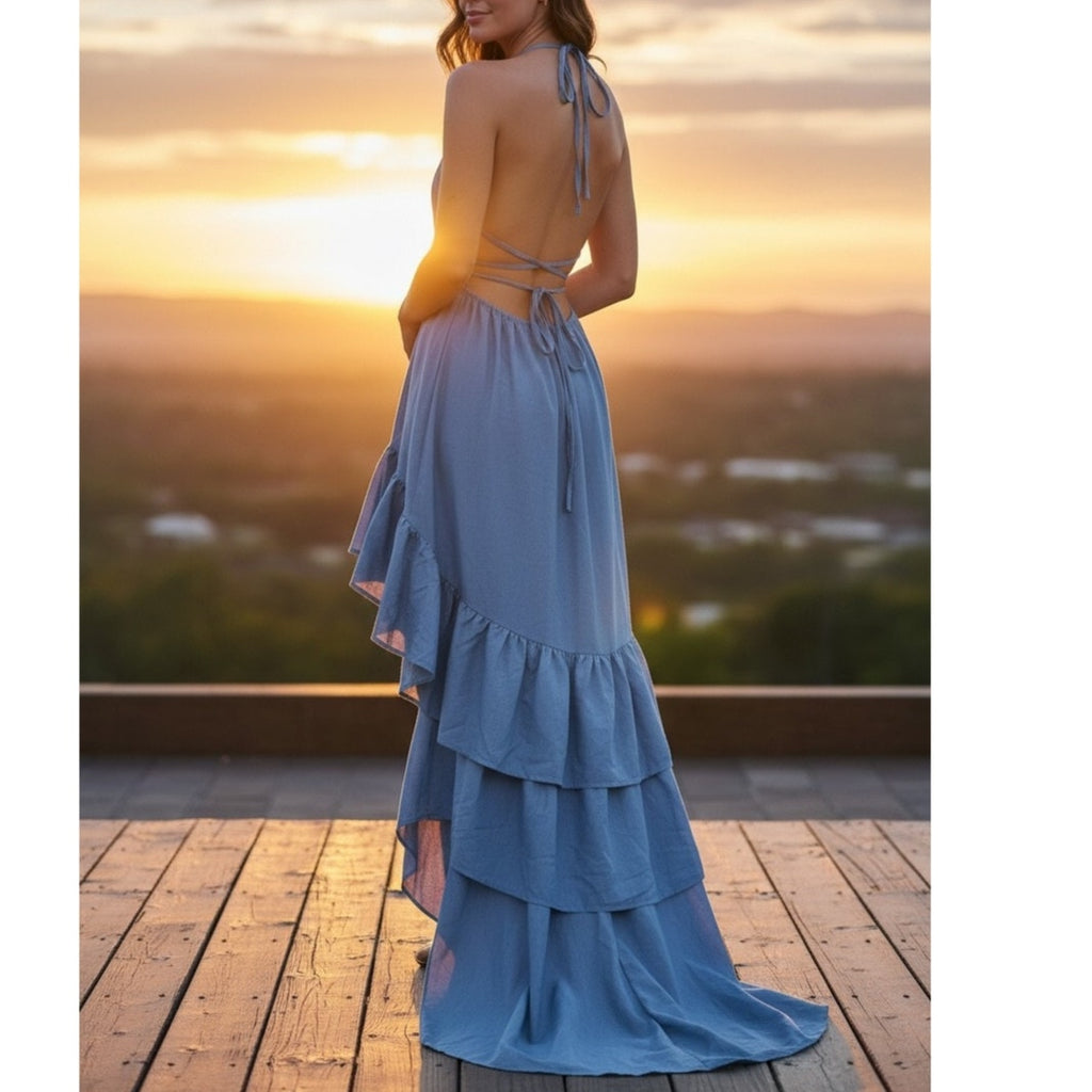NWT ~ Women's Sexy Blue Ruffled Backless Halter Maxi Beach Dress ~ Size XL