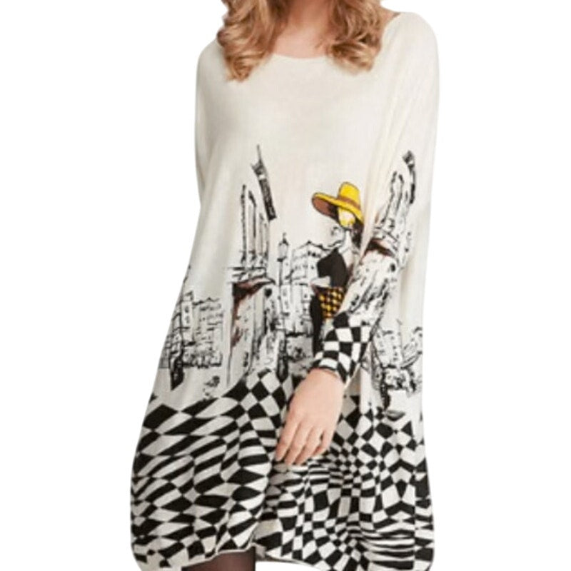 NWT ~ Oversized Abstract Checked Walk City Art Deco Woman Sweater ~ OneSize