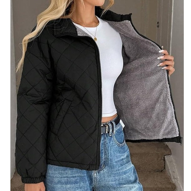 NWT ~ Women's Short Black Quilted Gray Fur Sherpa Lined Jacket Coat Plus Size 2X