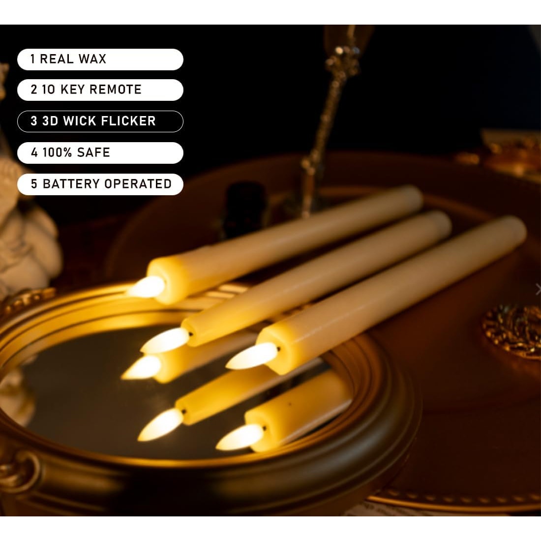 BRAND NEW ~ Set/2 Wax LED Flameless White Flickering 9.6" Taper Candles & Remote