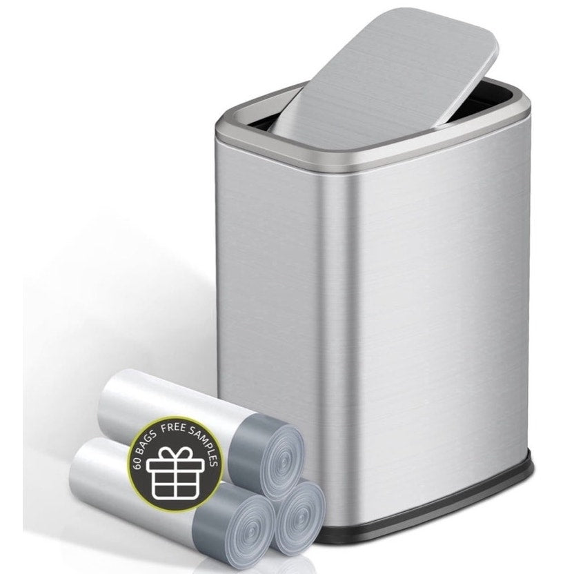 BRAND NEW ~ Silver 2.1Gal Stainless Steel Bathroom Trash Can Swing Lid & 60 Bags