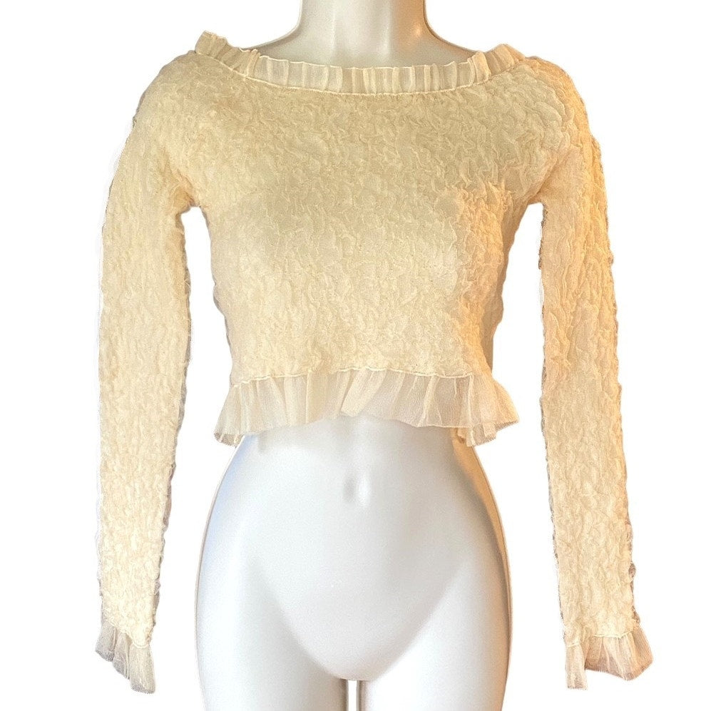 NWT ~ ZARA Beige Lace Tulle Off Shoulders Tight Crop Knit Top ~ Women's SMALL