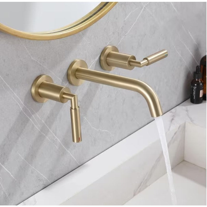 BRAND NEW ~ Brushed Gold Double Handle Wall Mounted Bathroom Faucet Modern 3-Hole Brass Taps