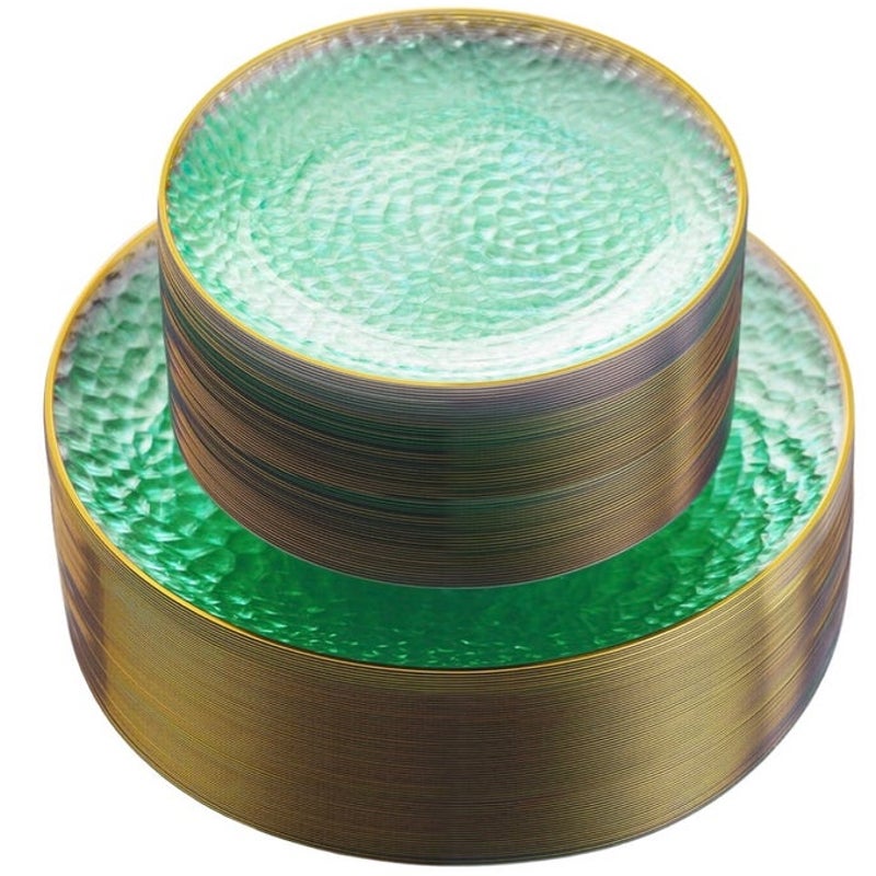 BRAND NEW ~ Set/197 Clear Green Hammered Plastic Plates with Gold Rim ~ 7" & 10"