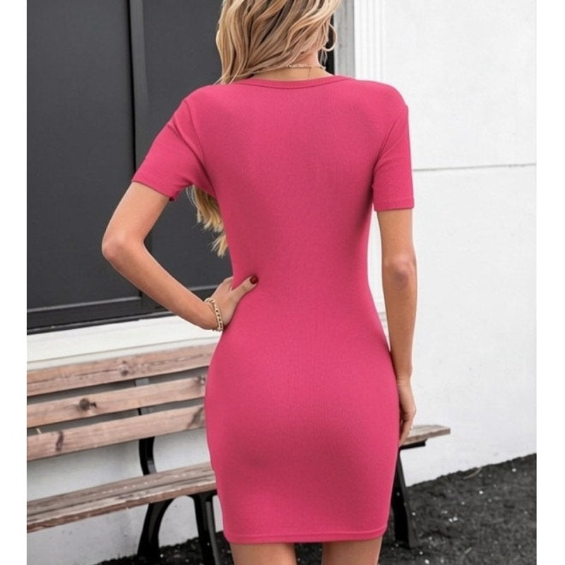 NWT ~ Floerns Short Hot Pink Bodycon Summer Short Sleeve Mini Dress ~ MEDIUM
