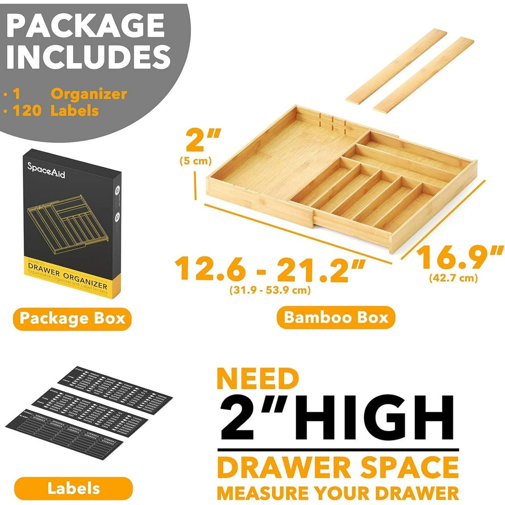 BRAND NEW ~ Expandable 10 Slots Bamboo Silverware Drawer Organizer & Labels