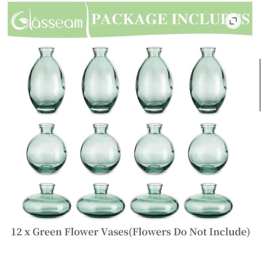 BRAND NEW ~ Set/12 Assorted Green Glass Bud Vases ~ For Flowers & Centerpieces