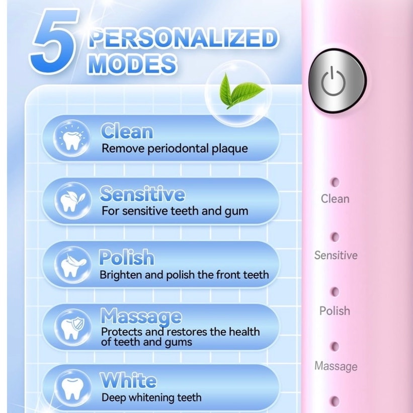 BRAND NEW ~ Pink Sonic Electric Toothbrush 8 Brush Heads Tongue Scraper & Bag