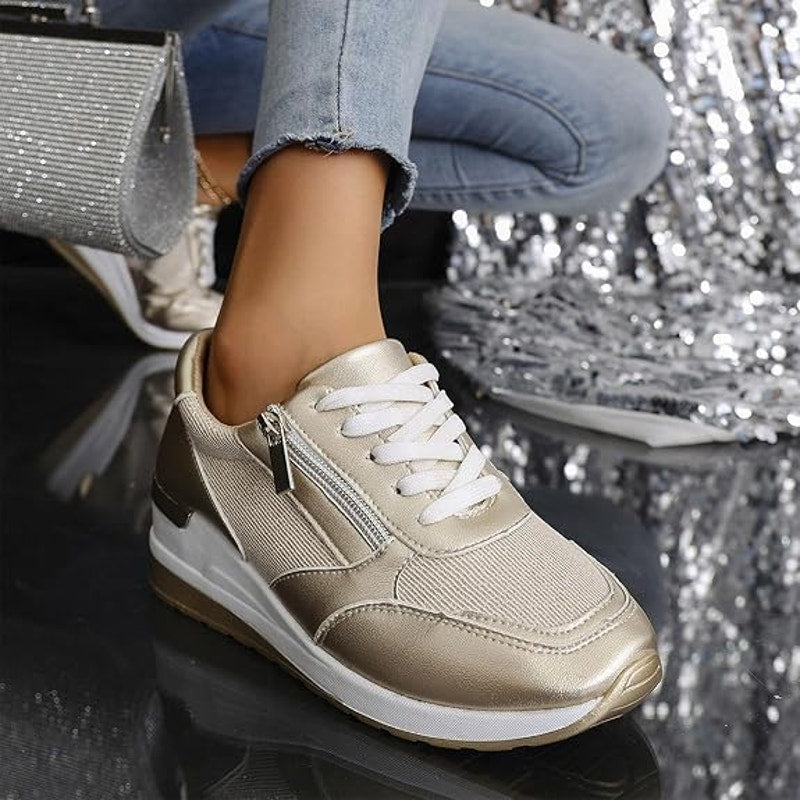NWT ~ Women's Metallic Gold Wedge Sneakers Lace Up & Side Zipper ~ Size 10 1/2
