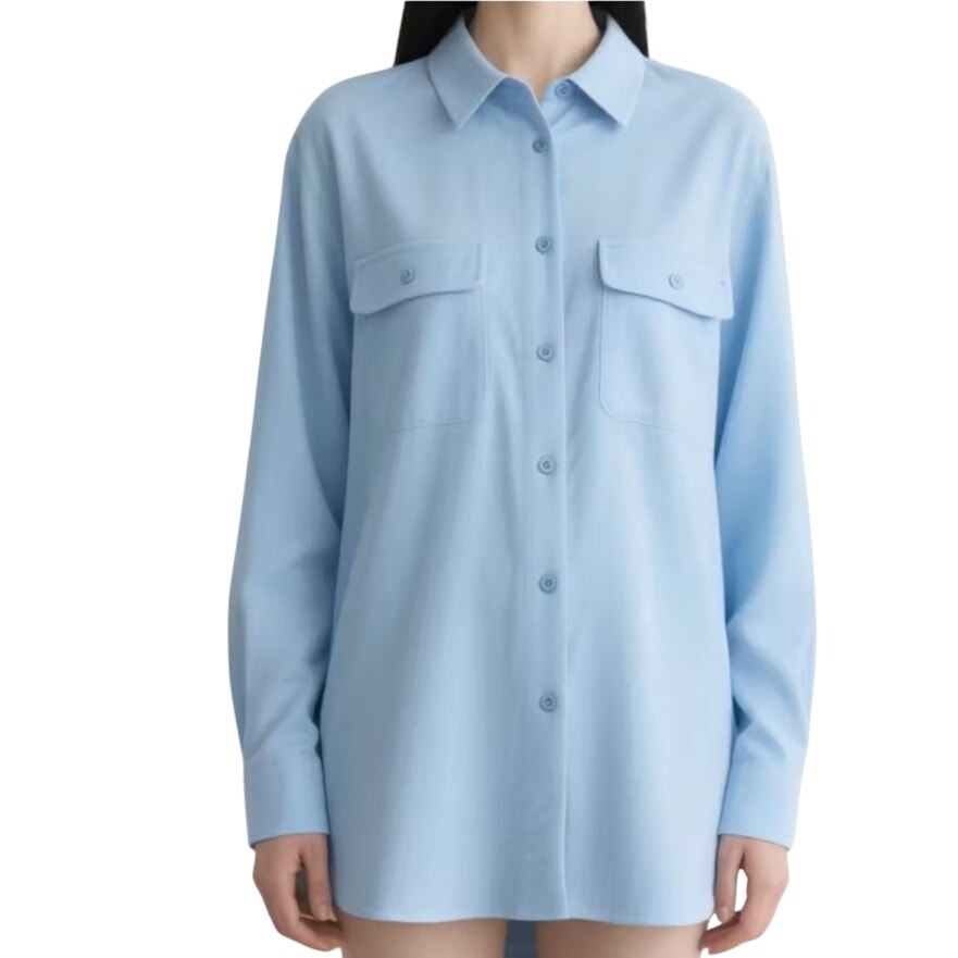 NWT ~ Long Light Blue Front Pockets Side Slits Long Sleeve Blouse Women's LARGE