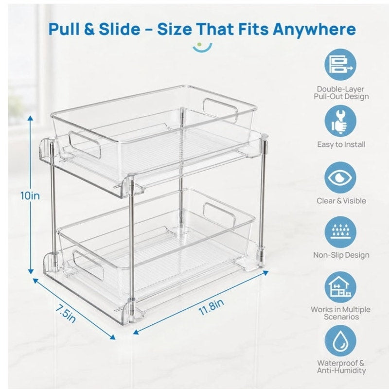 BRAND NEW ~ Set/3 Bathroom Plastic 2-Tier Clear Under The Sink Storage Organizer