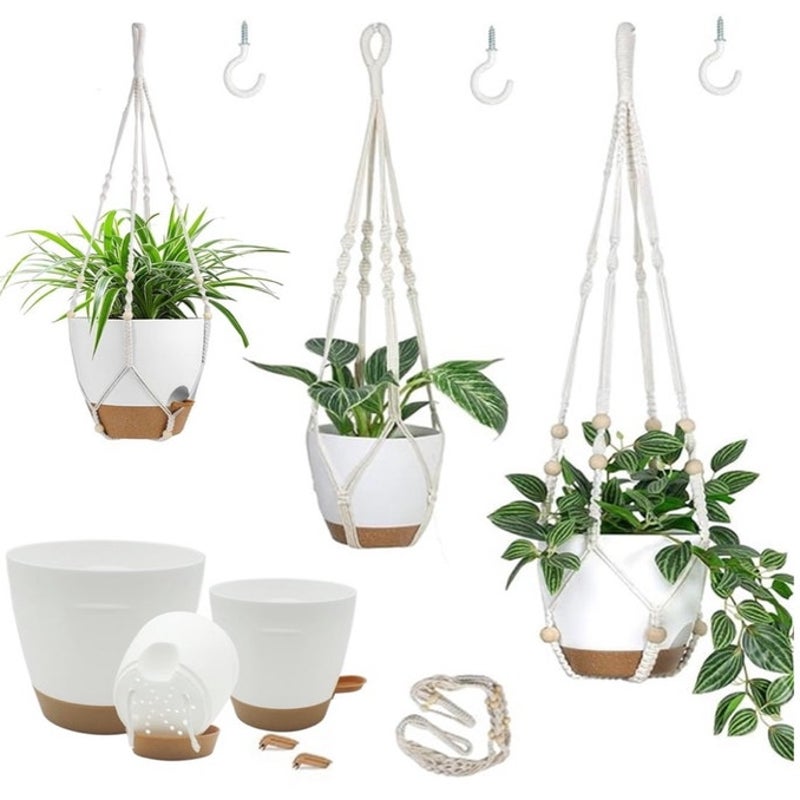 BRAND NEW ~ Set/3 White Hanging Planters & Cotton Rope Pot Hangers & Hooks