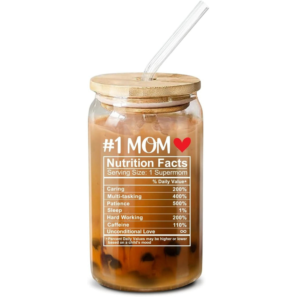 BRAND NEW ~ #1 Mom Glass Jar Cup with Bamboo Leakproof Lid & Glass Straw