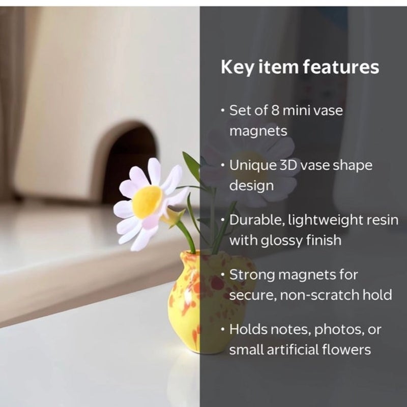 BRAND NEW ~ Set/8 Mini 3D Resin Vase Refrigerator Decorative Magnets
