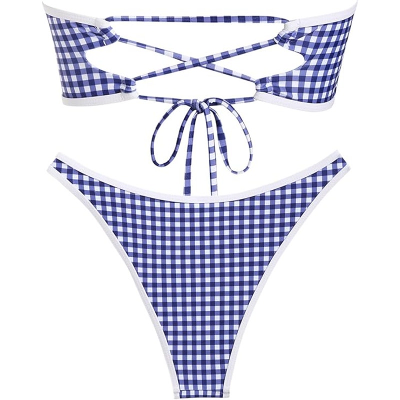 NWT ~ Women's Strapless Sexy Blue & White Gingham Check Bikini Swimsuit ~ XL