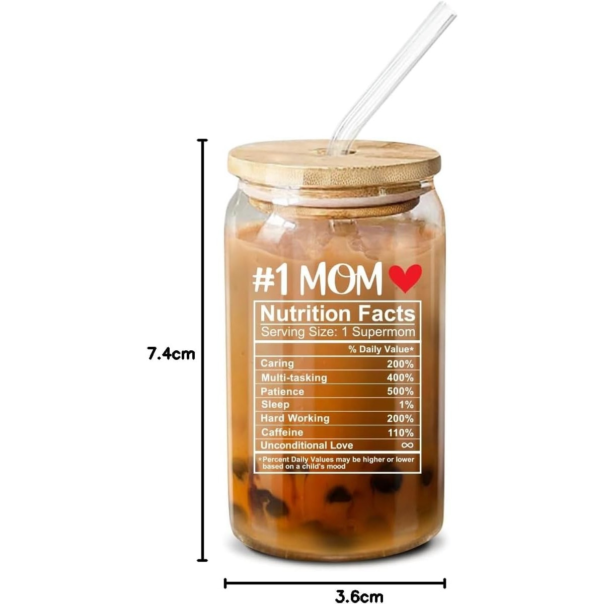 BRAND NEW ~ #1 Mom Glass Jar Cup with Bamboo Leakproof Lid & Glass Straw