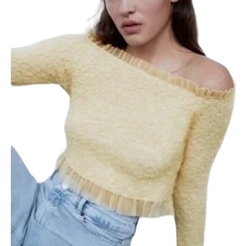 NWT ~ ZARA Beige Lace Tulle Off Shoulders Tight Crop Knit Top ~ Women's SMALL