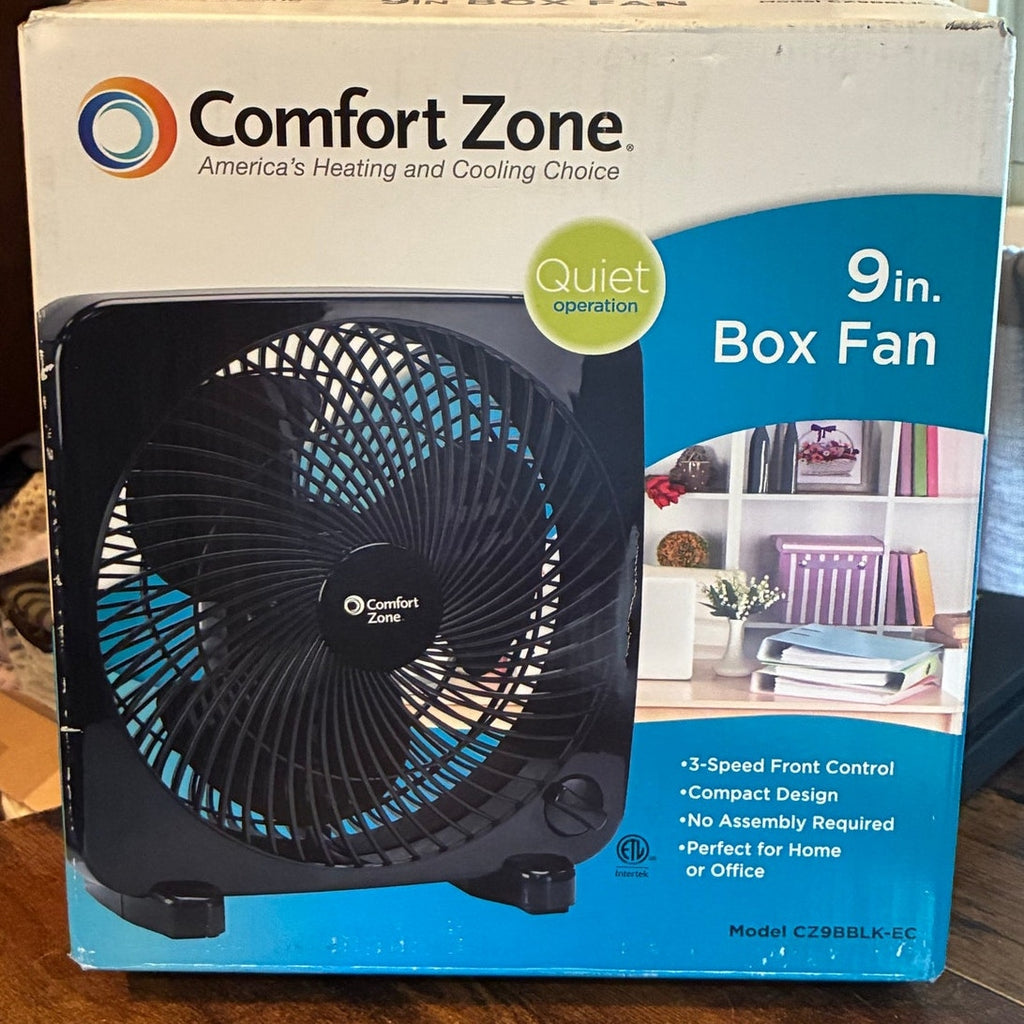 BRAND NEW ~ Comfort Zone 9" Portable Black 3 Speeds Quiet Compact Box Fan