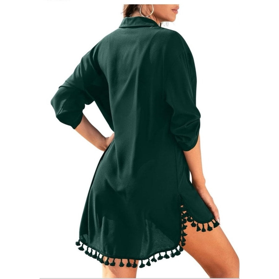 NWT ~ Women's Dark Green Tassel Shirt Swimsuit Cover-Up Bathing Suit Dress ~ XL