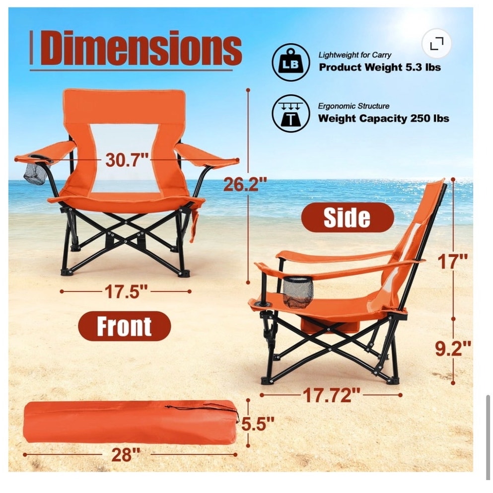 BRAND NEW ~ Orange Folding Low Seat High Back Wide Seat Beach Camping Chair