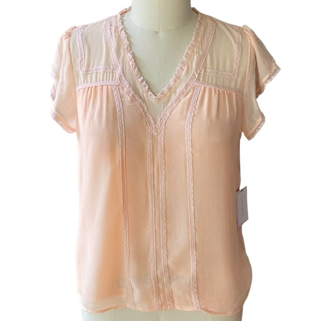 NWT ~ 1.STATE Peach Boho Lace Feminine Bohemian Short Sleeve Blouse ~ MEDIUM