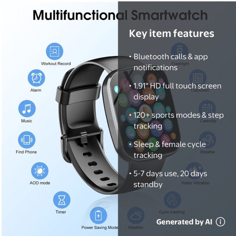 BRAND NEW ~ Black 1.91" HD Smart Watch Android iPhone Fitness Tracker Bluetooth