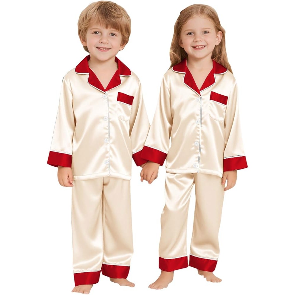 NWT ~ Children's Cream & Red Satin Pajamas Unisex Boys Girls Youth PJ's ~ Size 8