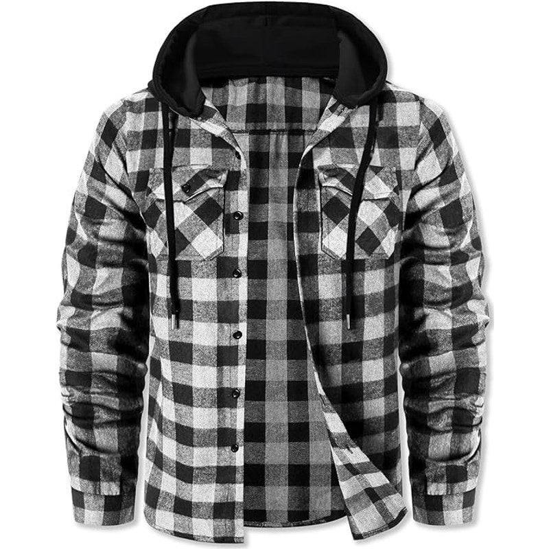 NWT ~ Men's White & Black Cotton Flannel Long Sleeve Hoodie Button Shirt ~ 2XL