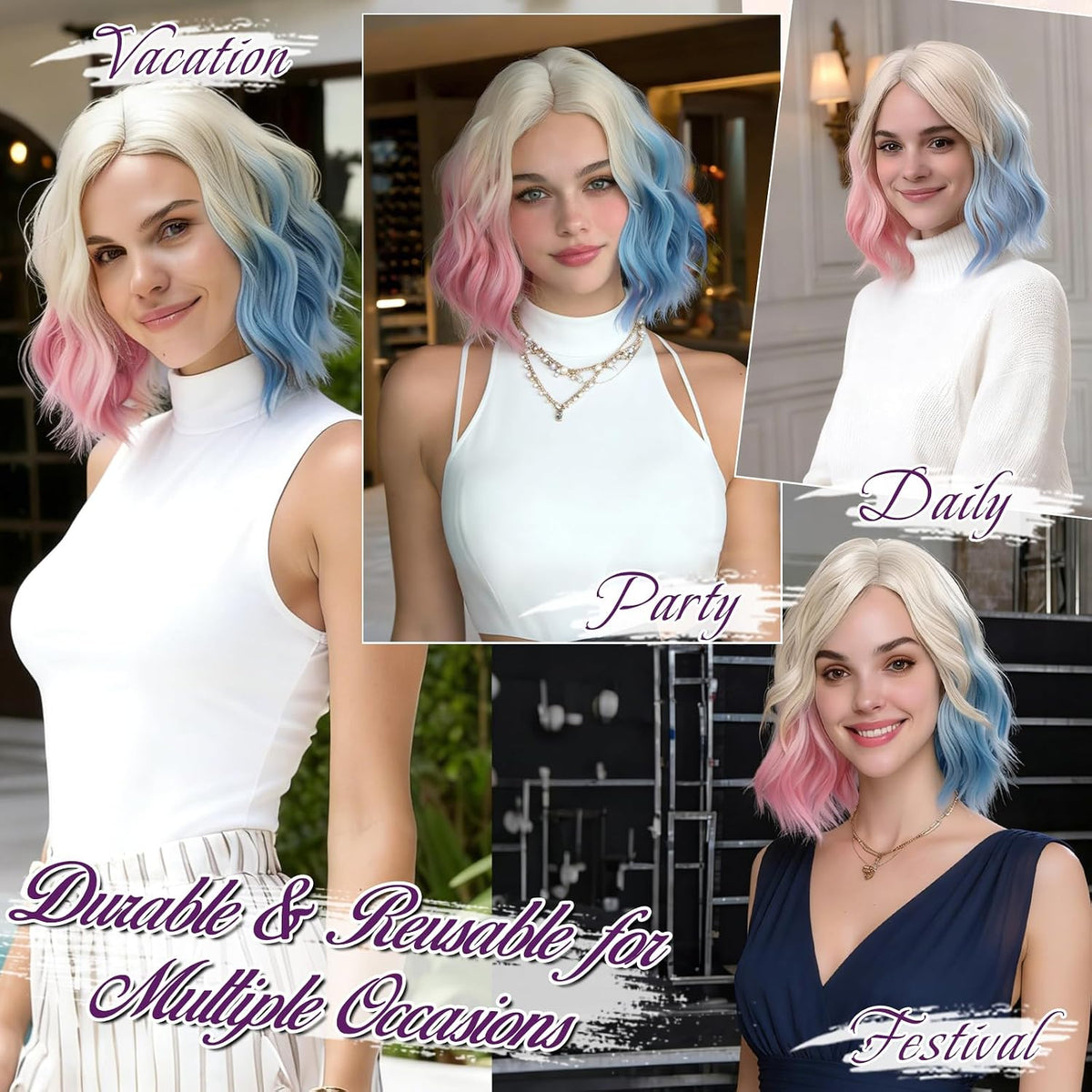 BRAND NEW ~ 14 Inch Blonde Ombre Pink Blue Short Wavy Wig ~ Cosplay Halloween