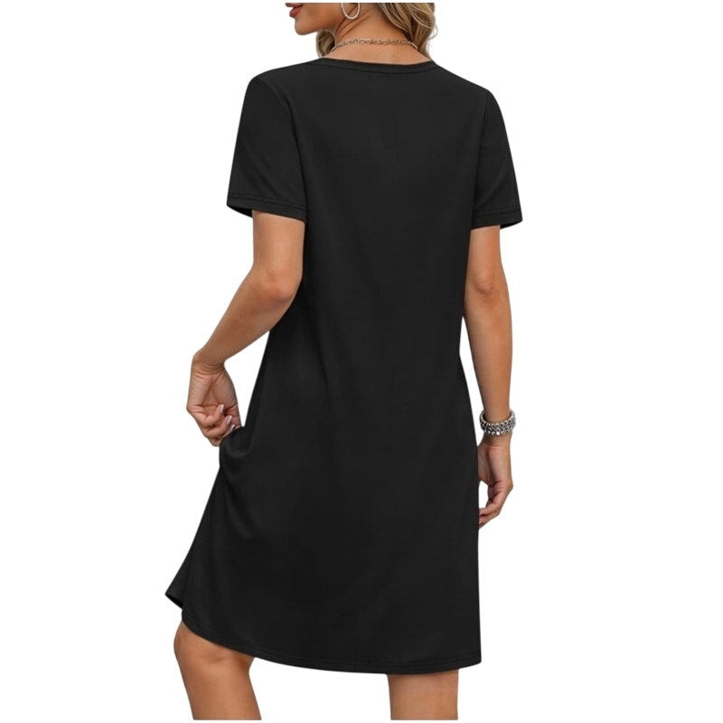NWT ~ Black Short Sleeve, V-Neck Casual Summer T-Shirt Beach Dress & Pockets ~ M