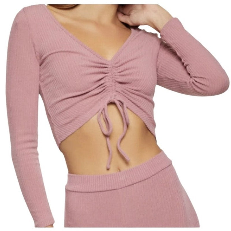 NWT ~ ROMWE Pink Ribbed Front Tie Cropped Long Sleeve Top ~ Women's Size LARGE