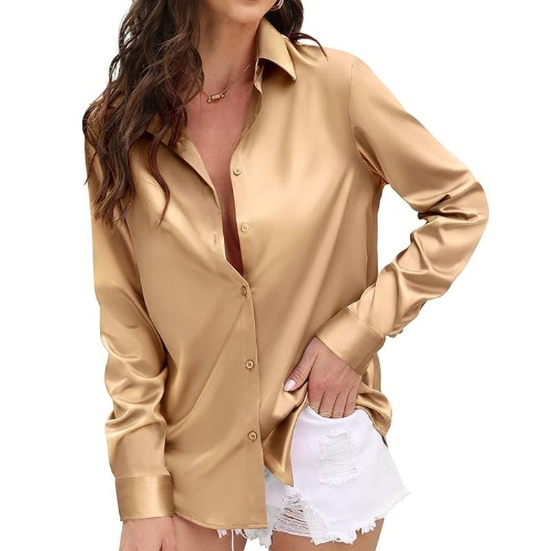 BRAND NEW ~ Champagne Satin Long Sleeve Button Up Blouse ~ Women's Size SMALL